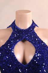 Royal Blue Sequin Mermaid High Neck Keyhole Prom Dresses-Ballbella