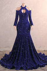 Royal Blue Sequin Mermaid High Neck Keyhole Prom Dresses-Ballbella