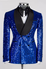 Royal Blue Sequin Shawl Lapel Double-Breasted Prom Suit-Ballbella