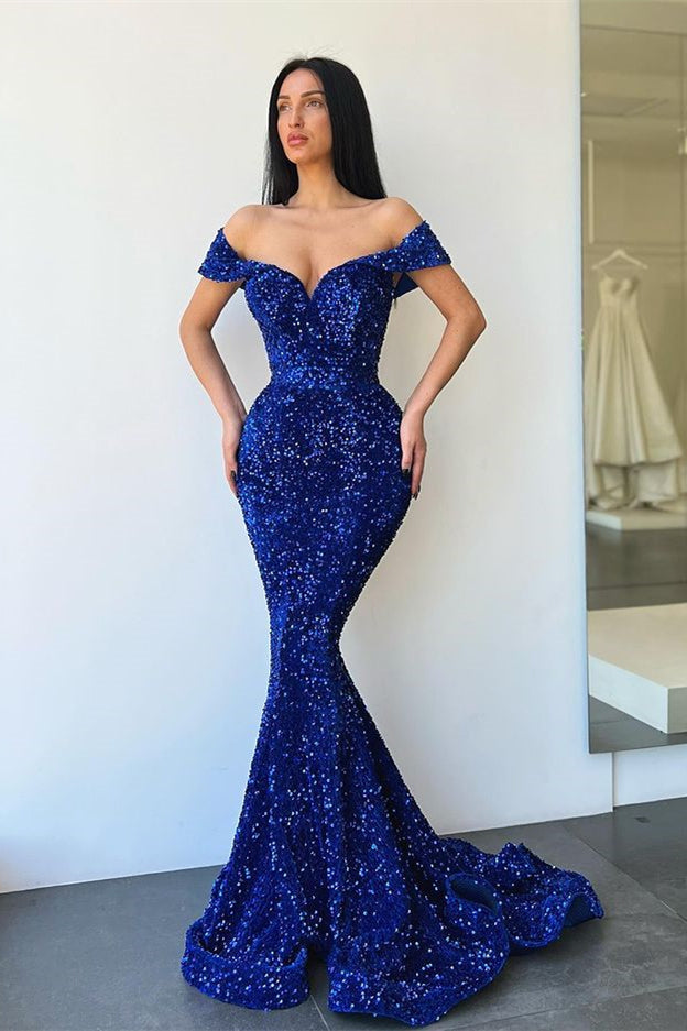 Royal Blue Sequins Mermaid Evening Dress Long Off-ther-Shoulder Ballbella Royal Blue Sequins Mermaid Evening Dress Long Off-ther-Shoulder Ballbella