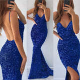 Royal Blue Sequins Mermaid Evening Dress V-Neck Sleeveless With Slit-Ballbella