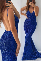 Royal Blue Sequins Mermaid Evening Dress V-Neck Sleeveless With Slit-Ballbella
