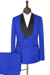 Royal blue Shawl Lapel Slim Fit Double Breasted Jacquard Wedding Suits-Ballbella