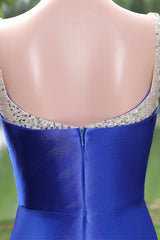 Royal Blue Silver Beaded High Split Mermaid Satin Prom Dresses-Ballbella