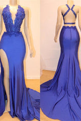 Royal Blue V-neck Open back Side Slit Mermaid Beads Lace Prom Dresses-Ballbella