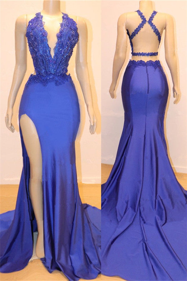 Royal Blue V-neck Open back Side Slit Mermaid Beads Lace Prom Dresses Ballbella Royal Blue V-neck Open back Side Slit Mermaid Beads Lace Prom Dresses Ballbella
