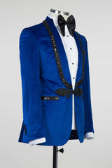 Royal Blue Velvet Knitted Button Prom Suit with Black Chains-Ballbella