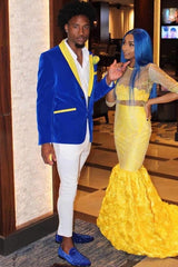 Royal Blue Velvet Prom Suit with Yellow Shawl Lapel-Ballbella