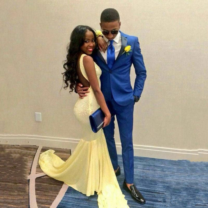 Royal Bule One Button Prom Outfits Two Pieces Men Suit with Black Lapel Royal Bule One Button Prom Outfits Two Pieces Men Suit with Black Lapel