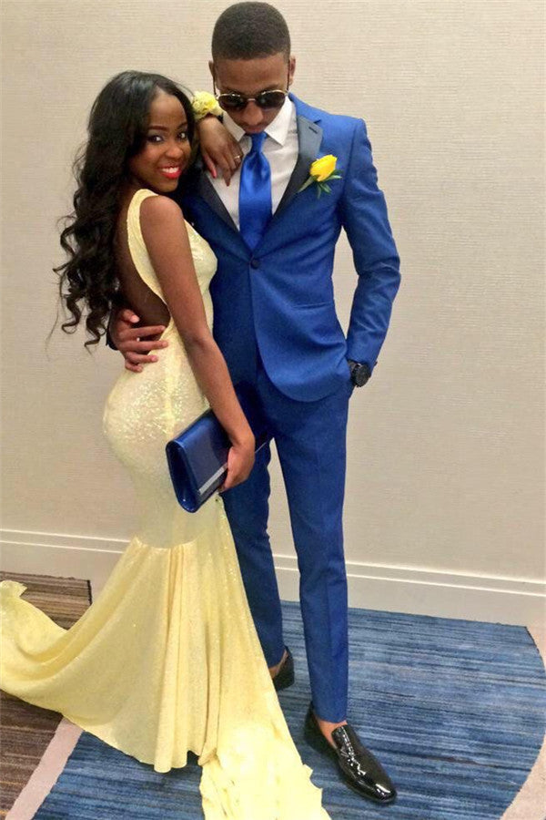 Royal Bule One Button Prom Outfits Two Pieces Men Suit with Black Lapel Royal Bule One Button Prom Outfits Two Pieces Men Suit with Black Lapel