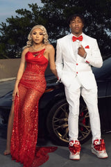 Ruby Column Sparkle Sequined Mermaid Sweetheart High Split Prom Dresses-Ballbella