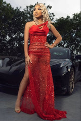 Ruby Column Sparkle Sequined Mermaid Sweetheart High Split Prom Dresses-Ballbella