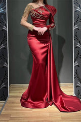 Ruby Long Sleeves Mermaid Stretch Satin Evening Prom Dresses with Ruffles-Ballbella