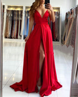 Ruby Red Chic High split Court Train Long evening Dress-Ballbella