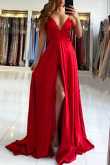 Ruby Red Chic High split Court Train Long evening Dress-Ballbella