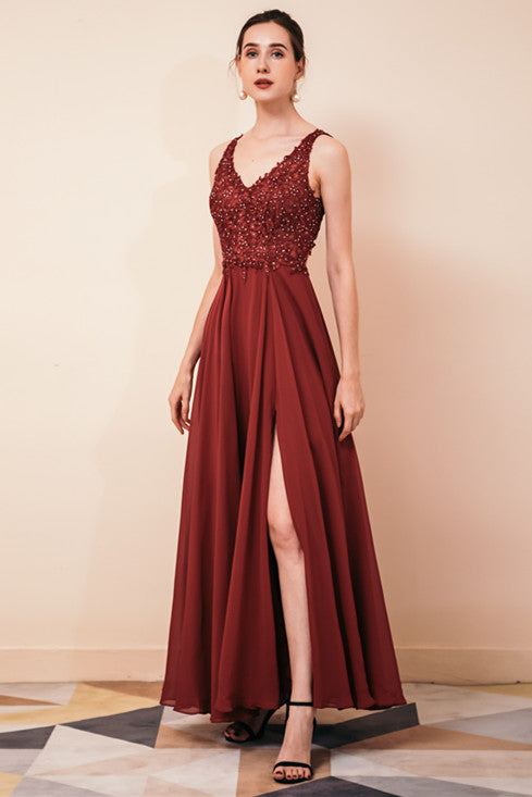 Rust A-line Chiffon V-neck Open-back Evening Dress Ballbella Rust A-line Chiffon V-neck Open-back Evening Dress Ballbella