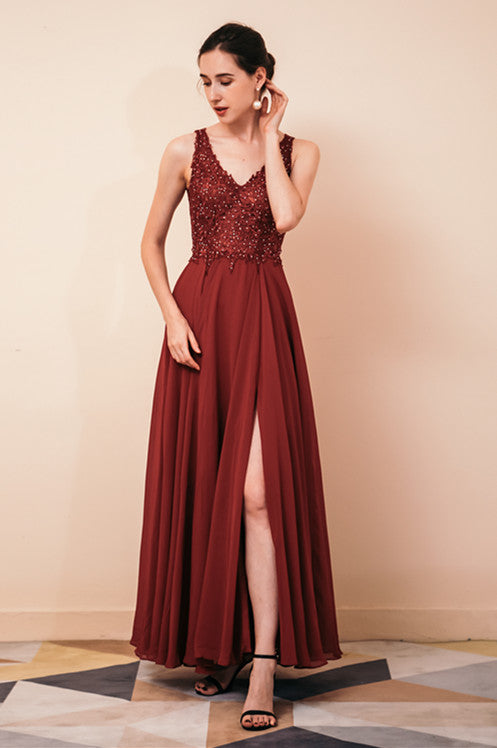 Rust A-line Chiffon V-neck Open-back Evening Dress, Rust / US2 Rust A-line Chiffon V-neck Open-back Evening Dress, Rust / US2