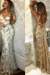 SAGE Mermaid V-neck Spaghetti Floor-length Crystal Beads Prom Dresses-Ballbella