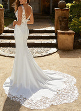 Satin Lace Mermaid Fitted V Neck Wedding Dresses Appliques Lace Sweep Train-Ballbella
