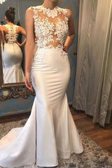 Satin Mermaid Scoop Sleeveless Applique Court Train Wedding Dresses-Ballbella