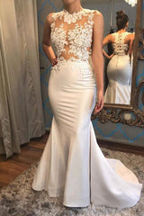 Satin Mermaid Scoop Sleeveless Applique Court Train Wedding Dresses-Ballbella