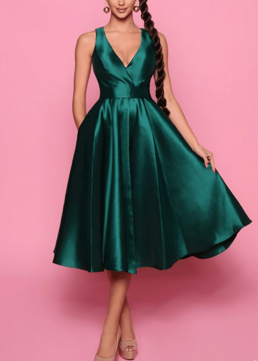 homecoming dresses with pockets A-line Plunging Sleeveless Satin Short Mini Homecoming Dress, Pockets