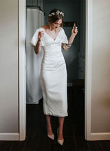 Satin V-Neck Sheath Wedding Dress Short Sleeves-Ballbella
