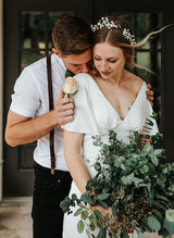 Satin V-Neck Sheath Wedding Dress Short Sleeves-Ballbella