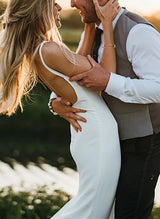 Satin Wedding Dress Open Back V-Neck Sleeveless Sheath Fitted-Ballbella