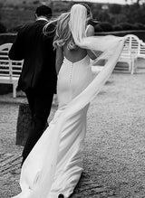 Satin Wedding Dress Open Back V-Neck Sleeveless Sheath Fitted-Ballbella