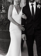 Satin Wedding Dress Open Back V-Neck Sleeveless Sheath Fitted-Ballbella