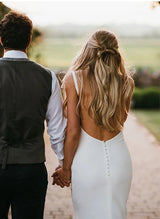 Satin Wedding Dress Open Back V-Neck Sleeveless Sheath Fitted-Ballbella