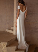 Satin Wedding Dress Split Front Sleeveless Cowl Neck Sheath Sweep Train-Ballbella