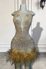 Scoop Sleeveless Short Prom Dresses With Crystal Beadings and Feathers-Ballbella