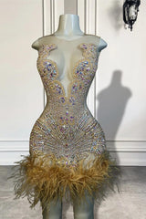 Scoop Sleeveless Short Prom Dresses With Crystal Beadings and Feathers-Ballbella