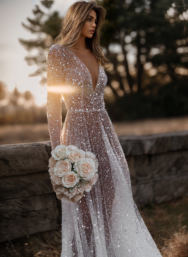 Sequin V-Neck Long Sleeves Boho Garden Wedding Dress Sweep Train