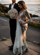 Sequin V-Neck Long Sleeves Boho Garden Wedding Dress Sweep Train-Ballbella