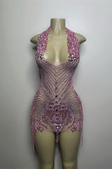 Sequined Mermaid Halter Jersey Beading Sleeveless Mini Rhinestone Party Dress With Feather-Ballbella