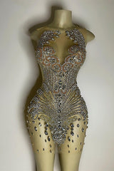 Sequined Mermaid Jewel Jersey Beading Sleeveless Mini Rhinestone Party Dress-Ballbella
