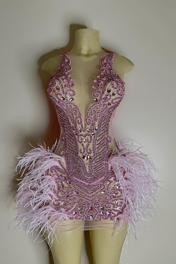 Sequined Mermaid Jewel Jersey Beading Sleeveless Mini Rhinestone Party Dress With Feather-Ballbella