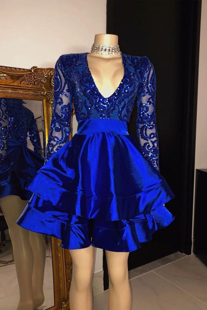 short homecoming dresses with sleeves Sequins Appliques Long Sleevess V-neck Layers Short Homecoming Dresses