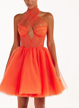 Sexy A-Line Halter Sleeveless Short/Mini Tulle Homecoming Dresses-Ballbella