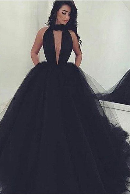 Sexy Ball Gown Black Prom Dress Long Tulle Deep V-Neck Sexy Ball Gown Black Prom Dress Long Tulle Deep V-Neck