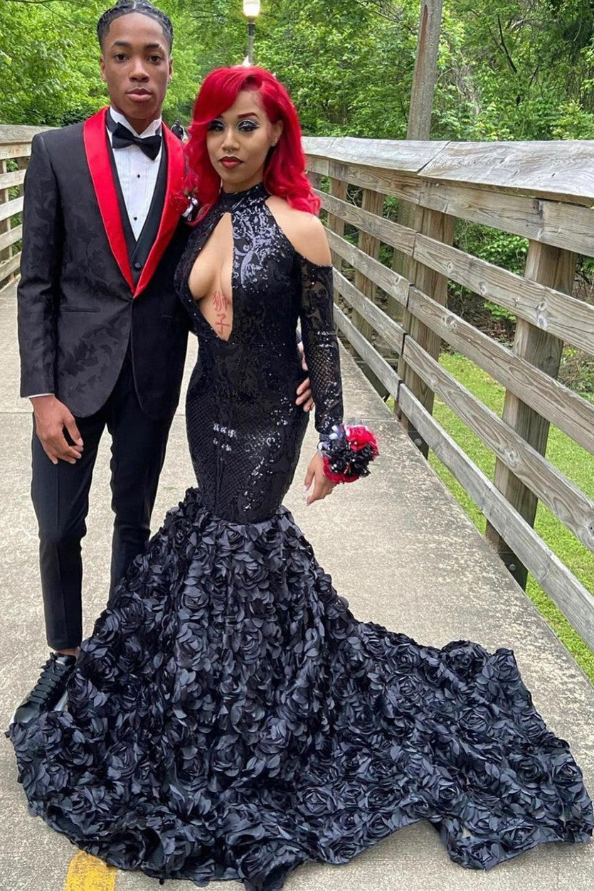 Sexy Black Sparkle Keyhole Mermaid Flowers Cold shoulder Prom Dresses Sexy Black Sparkle Keyhole Mermaid Flowers Cold shoulder Prom Dresses