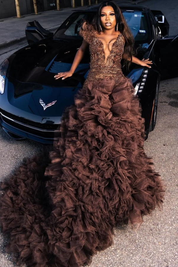 Sexy Brown Mermaid Tulle Ruffles Mermaid Court Train Prom Dresses Sexy Brown Mermaid Tulle Ruffles Mermaid Court Train Prom Dresses