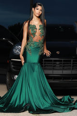 Sexy Dark Green Appliques Mermaid Sleeveless Prom Dress with Beads-Ballbella