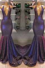 Sexy Deep V-neck Chiffon Mermaid Prom Dress Sequins Long-Ballbella