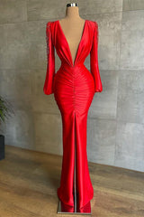 Sexy Deep V-Neck Red Long Sleeves Prom Dress Mermaid-Ballbella