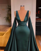 Sexy Deep V-Neck Sleeveless Long Evening Gowns Mermaid Prom Dress With Ruffles-Ballbella