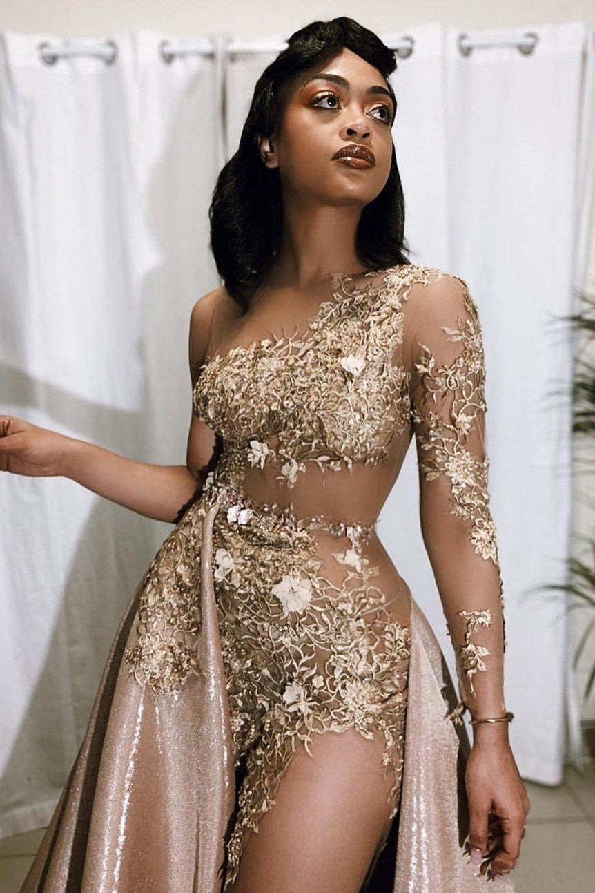 gold bell sleeve dress Azazie Leonia